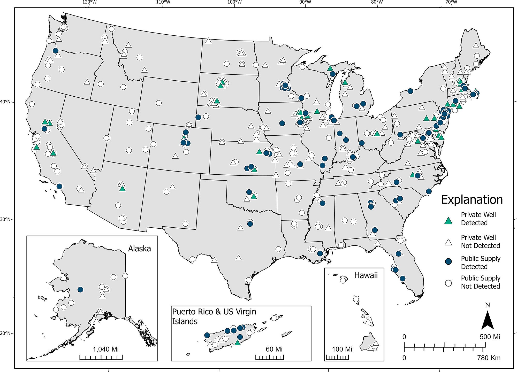 Mapa zobrazující úrovně kontaminace PFAS v USA