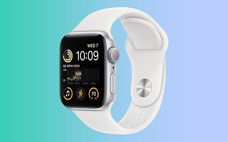 Apple Watch SE 2 na modrozeleném a brčálovém pozadí