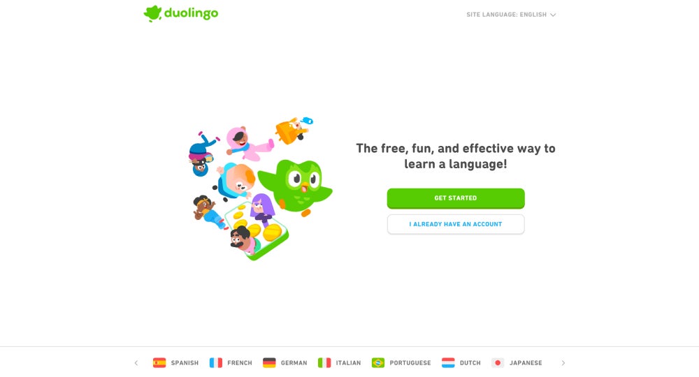 Domovská stránka jazykové aplikace Duolingo, která má uprostřed svou zelenou logo sovu a jazyky, které se můžete učit, s vlaječkami ve spodní části obrazovky.