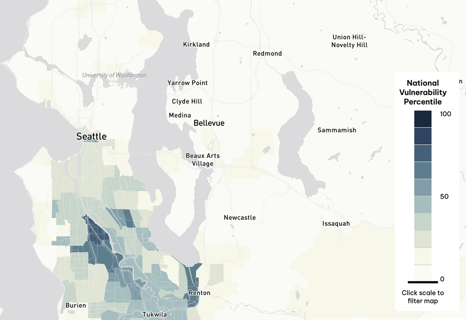 Mapa zranitelnosti Seattlu vůči nebezpečím, jako je požár, záplavy a znečištění