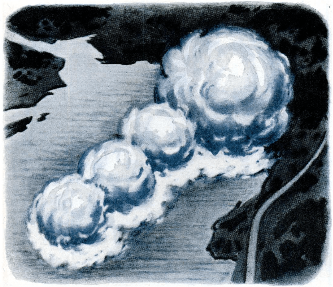 Ilustrace zobrazuje čtyři velké, kulaté, bílé a modré exploze stoupající z vodního útvaru, připomínající řadu houbových mraků. Temné pobřeží je viditelné vpravo a vlevo nahoře, zatímco hlavní oblast je lehčí rozloha vody, což naznačuje krajinu zasaženou výbuchy.
