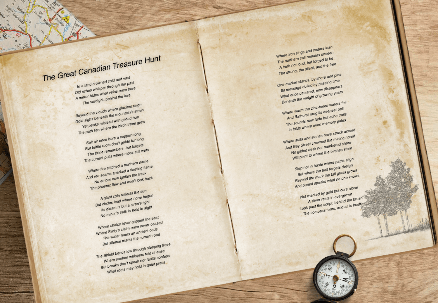 13 Stanza báseň na faux notebooku papíru vedle Old Timey Compass