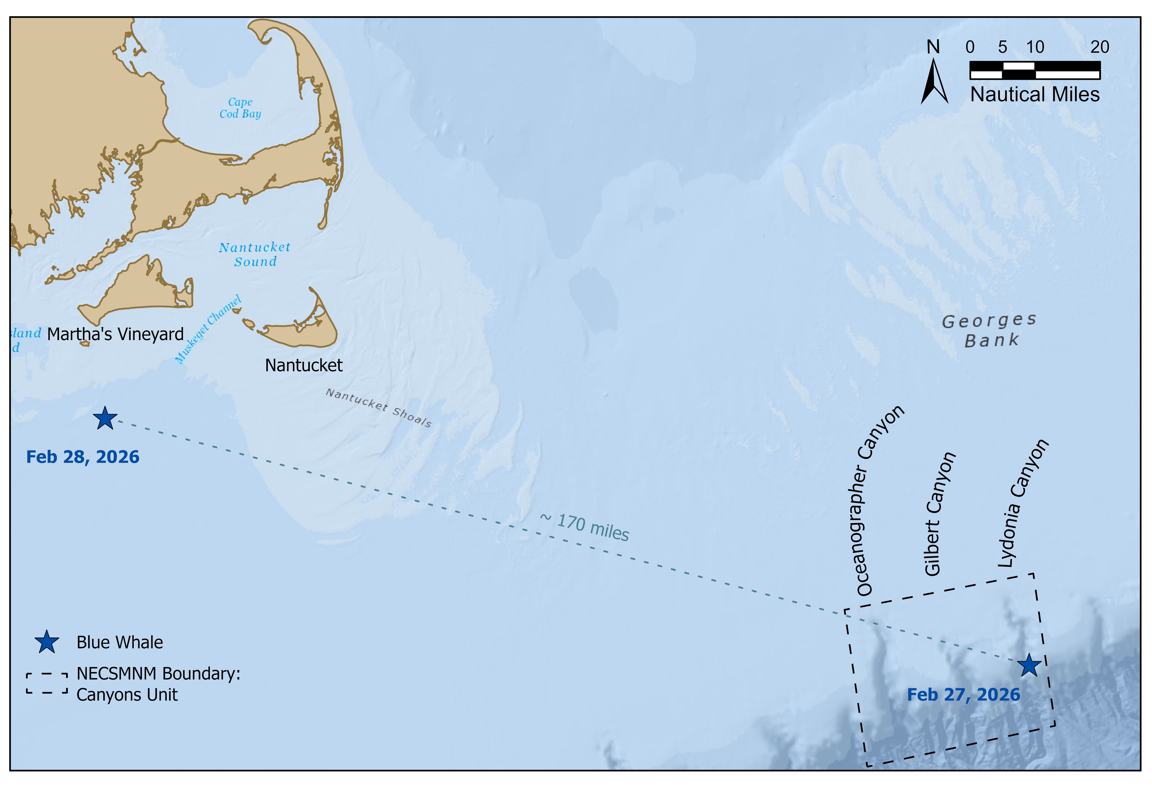 mapa ukazující jižní pobřeží Massachusetts. hvězdy ukazují, kde byly modré velryby spatřeny 27. a 28. února